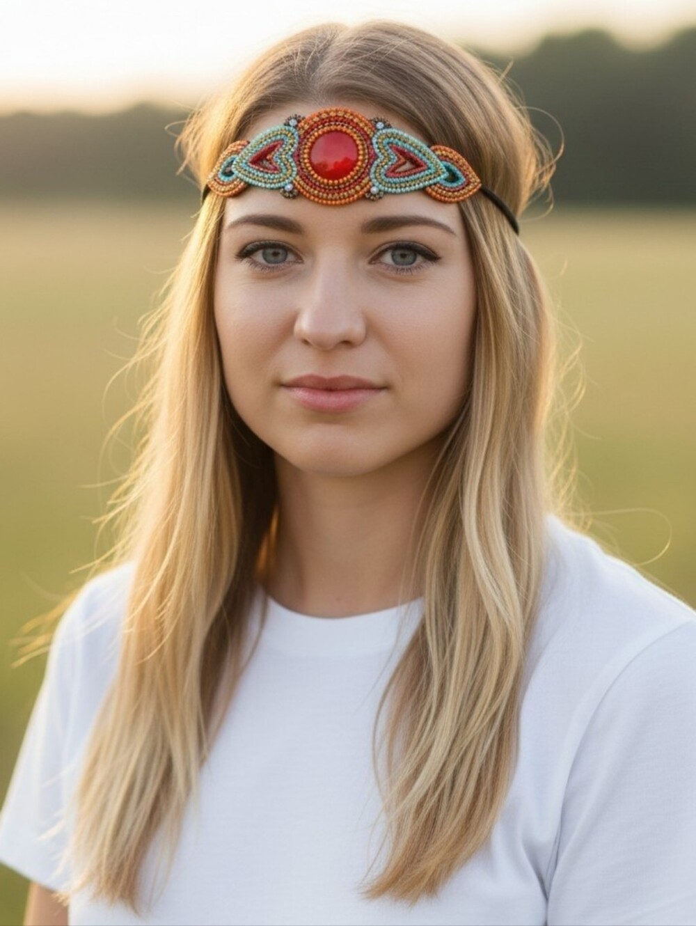 Beaded Boho Headband with Red Center Stone